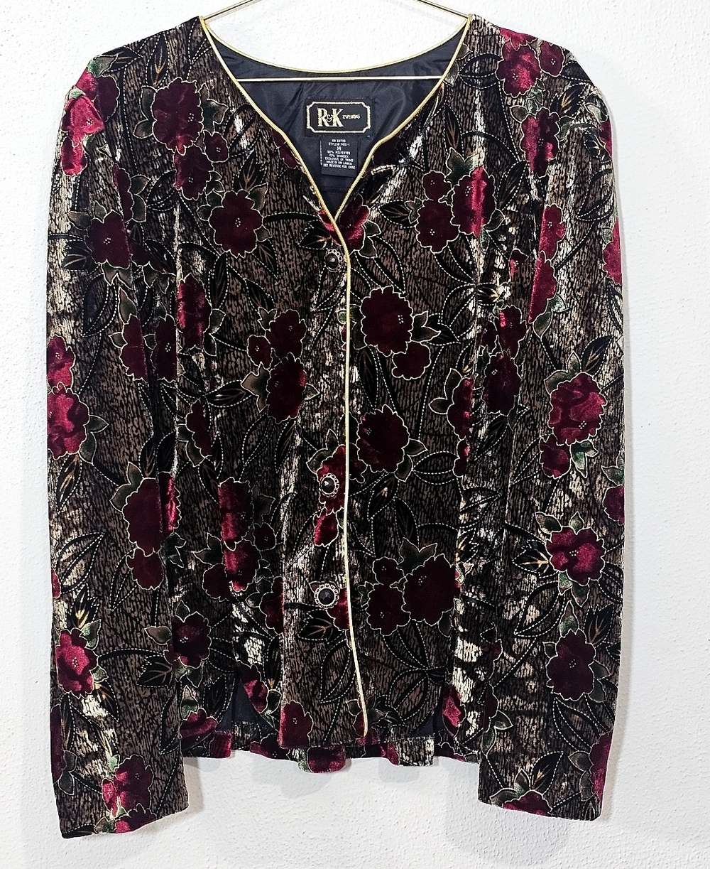 R&K Red and Black Floral Blazer And Skirt Velvet Boho Whinisigoth Vintage - Picture 2 of 15